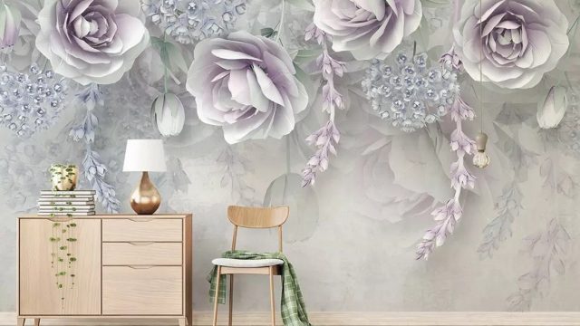 Wallpaper สั่งทำราคาถูก ดอกไม้ขาวอมม่วง3D ติดผนังห้องรับแขก