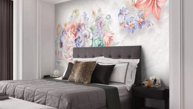 ตกแต่งห้องด้วยวอลเปเปอร์ ลายภาพวาดดอกไม้หลายสี3มิติ ติดผนังห้องนอน