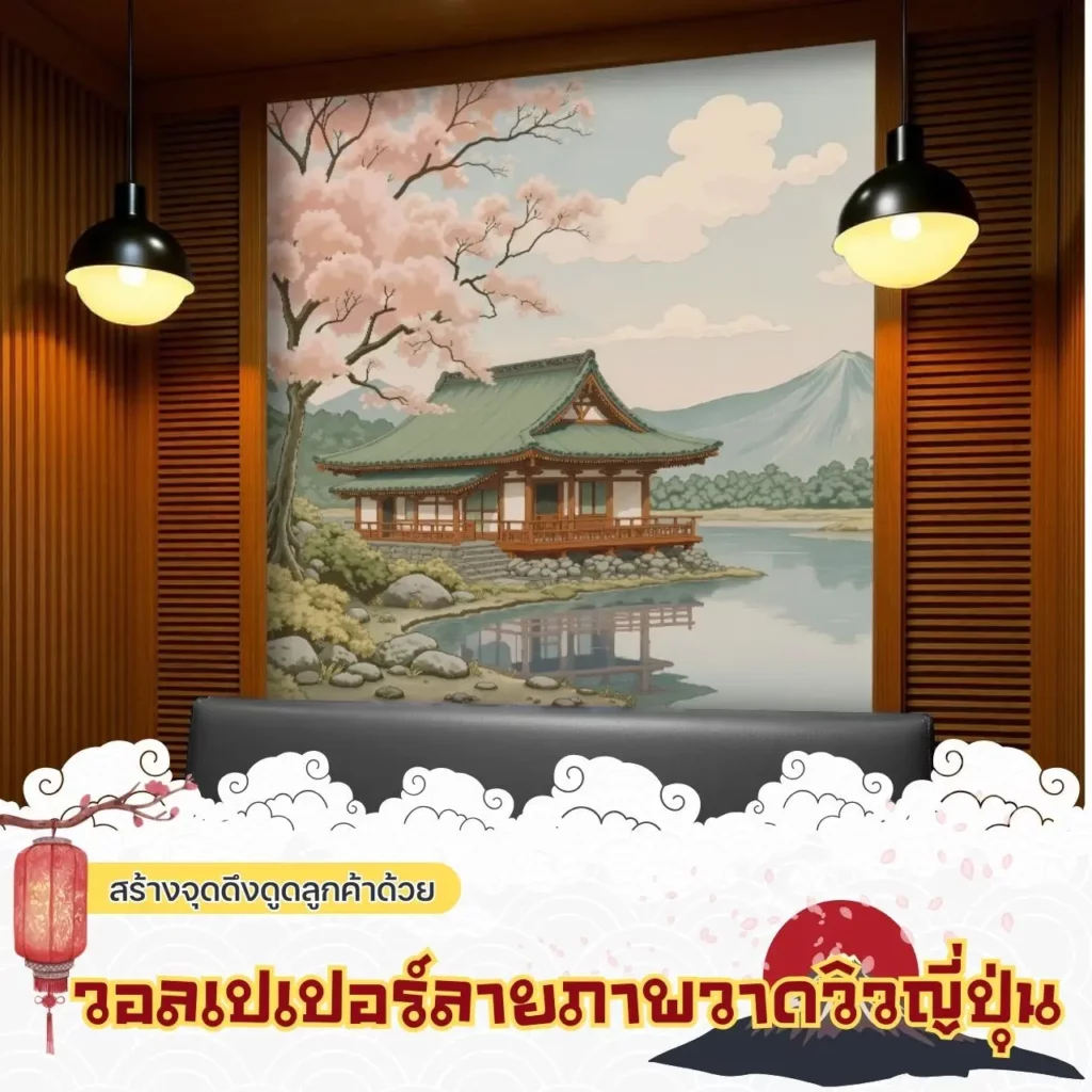 รับพิมพ์ ติดตั้ง วอลเปเปอร์ลายภาพวาดวิวญี่ปุ่น ตกแต่งร้านอาหาร