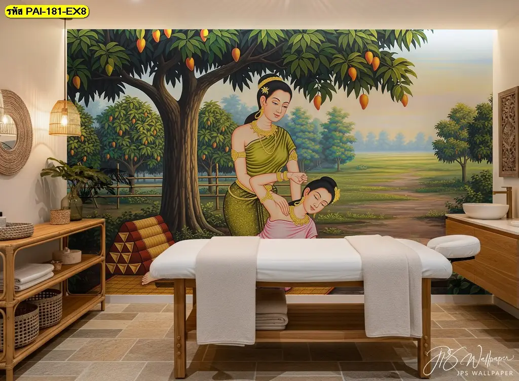 วอลเปเปอร์ภาพวาดติดผนัง ภาพวาดนวดแผนไทย สำหรับตกแต่งร้านนวดแผนไทย ร้านสปา