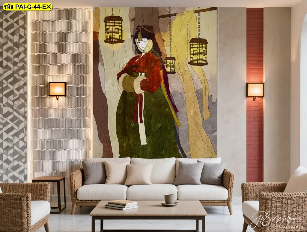 รับพิมพ์ ติดตั้ง วอลเปเปอร์ลายภาพวาดเกาหลีชุดฮันบก ตกแต่งคาเฟ่