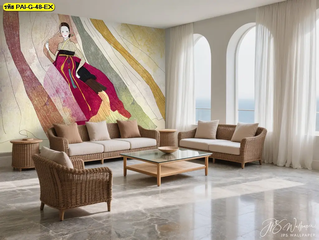 ภาพวาดเกาหลีผู้หญิงชุดฮันบกตกแต่งร้านคาเฟ่บรรยากาศทางวัฒนธรรม