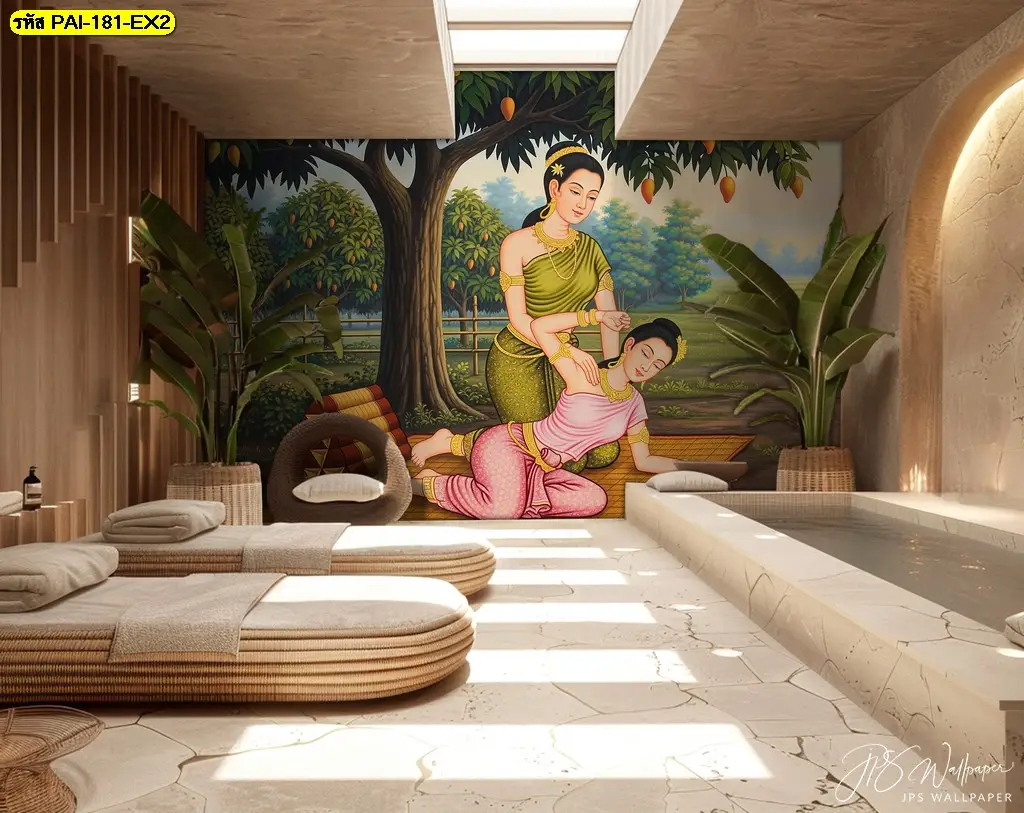 ตกแต่งร้านนวดแผนไทยให้สวยโดดเด่นด้วยวอลเปเปอร์ภาพวาดลายนวดแผนไทยติดผนัง
