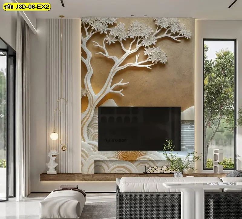 Living room ideas สำหรับตกแต่งคอนโดขนาดเล็กให้ดูกว้างด้วย วอลเปเปอร์ติดผนัง 3 มิติหรูหรา Modern living wallpaper
