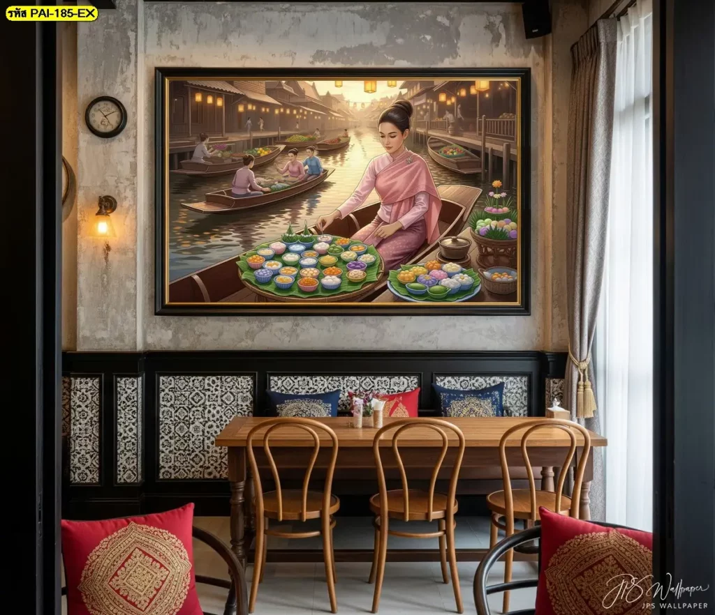 ภาพติดผนังแม่ค้าขายขนมไทยตกแต่งคาเฟ่ ผสมผนังปูนเปลือยและโต๊ะไม้ ให้คาเฟ่ไทยสไตล์โมเดิร์นมีมุมถ่ายรูปสวยและเอกลักษณ์ชัดเจน