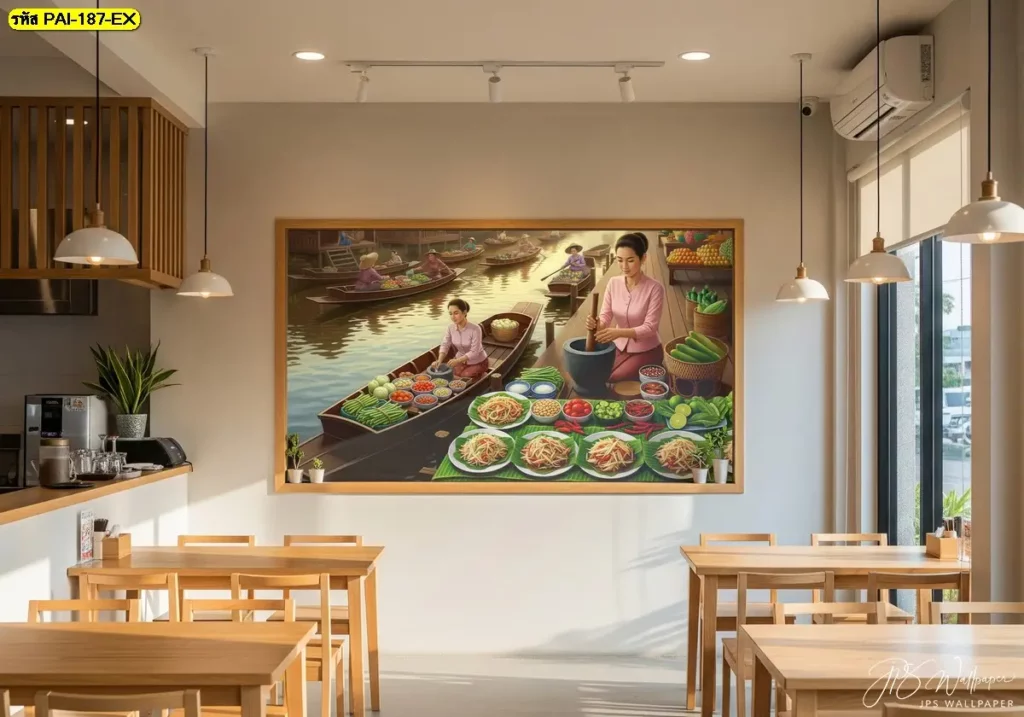 วอลเปเปอร์วิถีไทยแต่งผนังโซนอาหารส้มตำ ภาพตลาดน้ำและจานส้มตำหลายแบบช่วยแบ่งโซนอาหารอีสานให้ต่างจากโซนอาหารประเภทอื่น
