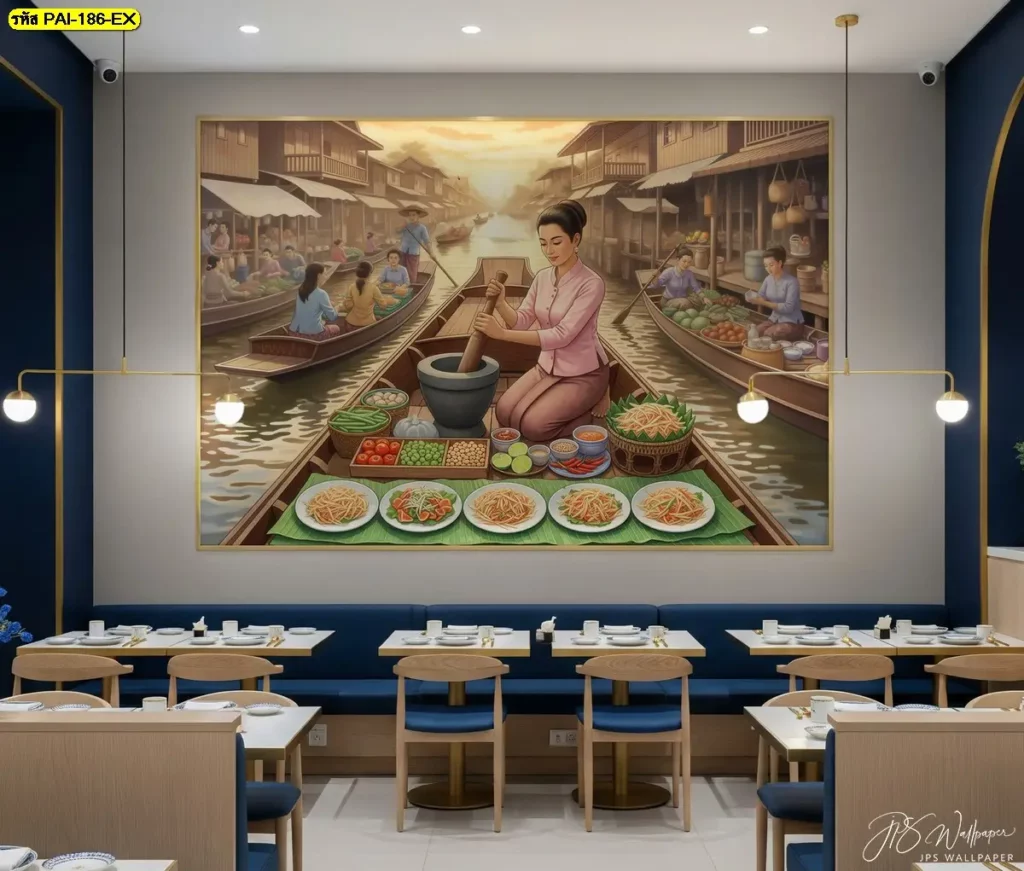 วอลเปเปอร์ตลาดน้ำแต่งผนังร้านส้มตำ จับคู่กับโต๊ะไม้และเก้าอี้โมเดิร์นให้ได้บรรยากาศไทยร่วมสมัยที่ดูสะอาดตา
