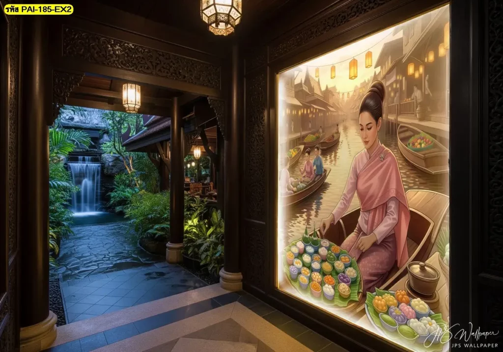 thai floating market wall mural for cafe ภาพแม่ค้าขายขนมไทยบนผนัง ช่วยให้คาเฟ่ขนาดเล็กสร้างเอกลักษณ์ไทยประยุกต์และดึงลูกค้าให้หยุดมองหน้าร้าน