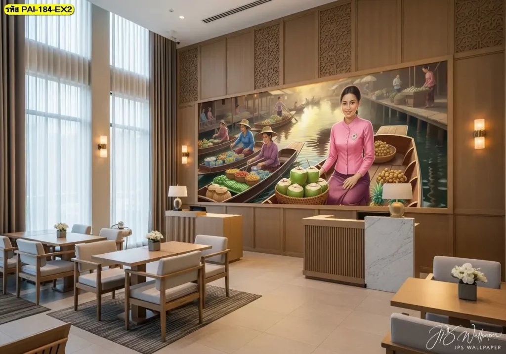 thai fruit shop wall art ภาพแม่ค้าขายผลไม้ตลาดน้ำแนวยาวแต่งผนังร้านน้ำผลไม้ ช่วยให้ร้านดูสดใสและสะท้อนความเป็นไทยสมัยใหม่