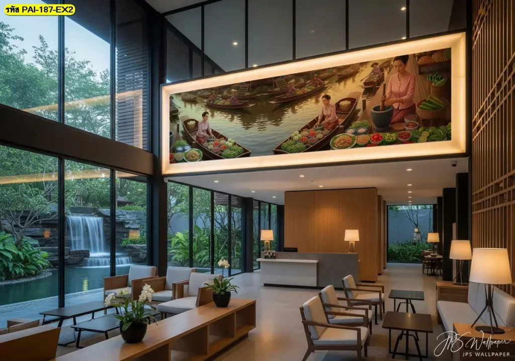 ภาพติดผนังแม่ค้าตำส้มตำตกแต่งฟู้ดคอร์ท ทำให้โซนอาหารอีสานกลายเป็นจุดเช็กอินหลักของศูนย์อาหาร ช่วยเพิ่มโอกาสดึงคนเดินเข้ามาเลือกซื้อ
