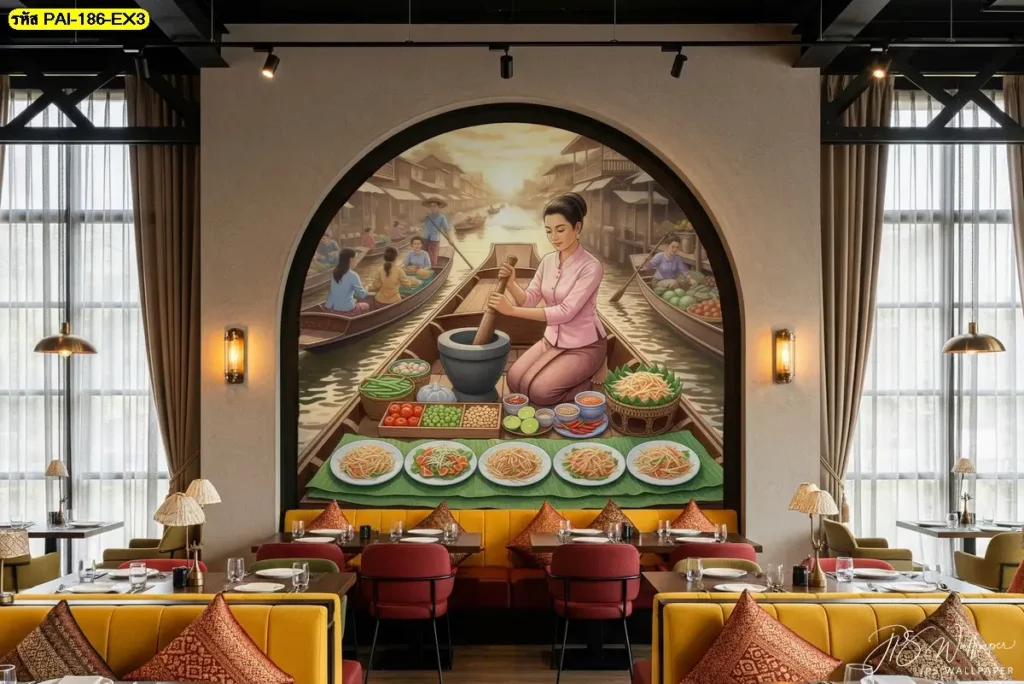 วอลเปเปอร์วิถีไทยแต่งผนังโซนอาหารส้มตำ ภาพตลาดน้ำและเรือขายส้มตำช่วยแบ่งโซนอาหารอีสานให้ชัดจากโซนอื่น
