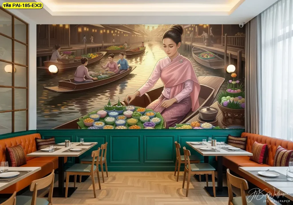 thai floating market wall mural for cafe ภาพแม่ค้าขายขนมไทยบนผนัง เติมเสน่ห์ไทยให้คาเฟ่ขนาดเล็กดูมืออาชีพและน่านั่งมากขึ้น