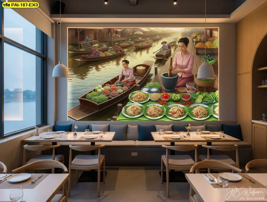 วอลเปเปอร์แม่ค้าส้มตำตลาดน้ำแต่งผนังร้านส้มตำ ใช้คู่กับโต๊ะไม้เรียบและไฟโทนอุ่นให้ร้านดูไทยร่วมสมัย เหมาะสำหรับลูกค้าที่ชอบถ่ายรูป

