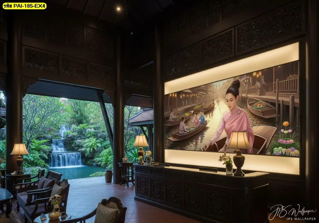 ภาพติดผนังแม่ค้าขายขนมไทยตกแต่งคาเฟ่ จัดเป็นฉากหลังล็อบบี้ ช่วยดึงดูดให้ลูกค้าถ่ายรูปและแชร์บรรยากาศไทยร่วมสมัยของร้าน