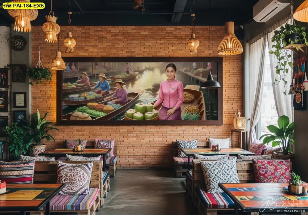 วอลเปเปอร์ตลาดน้ำแต่งผนังคาเฟ่ผลไม้ไทย ภาพแม่ค้าบนเรือและผลไม้สดหลายชนิด ช่วยให้คาเฟ่ไทยร่วมสมัยมีกลิ่นอายท้องถิ่นชัดเจน