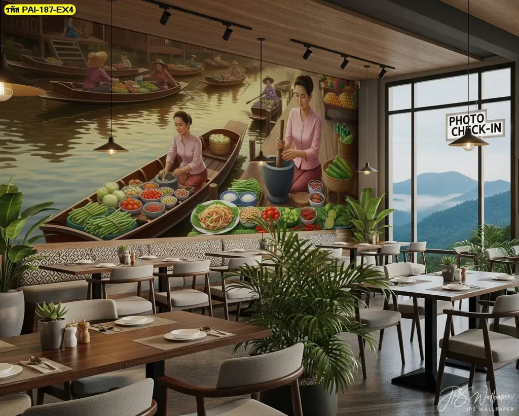 ภาพติดผนังแม่ค้าตำส้มตำตกแต่งฟู้ดคอร์ท เหมาะกับโซนอาหารอีสานที่ต้องการเอกลักษณ์ชัดและบรรยากาศไทยร่วมสมัยในพื้นที่รวมหลายร้าน