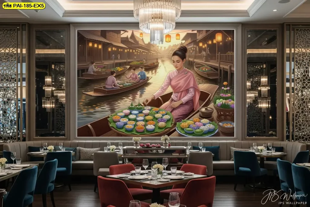 วอลเปเปอร์ตลาดน้ำแต่งผนังร้านอาหารไทย ภาพเรือและขนมไทยหลากสี สร้างจุดโฟกัสให้ลูกค้าจำร้านได้ตั้งแต่เดินผ่านหน้าร้าน