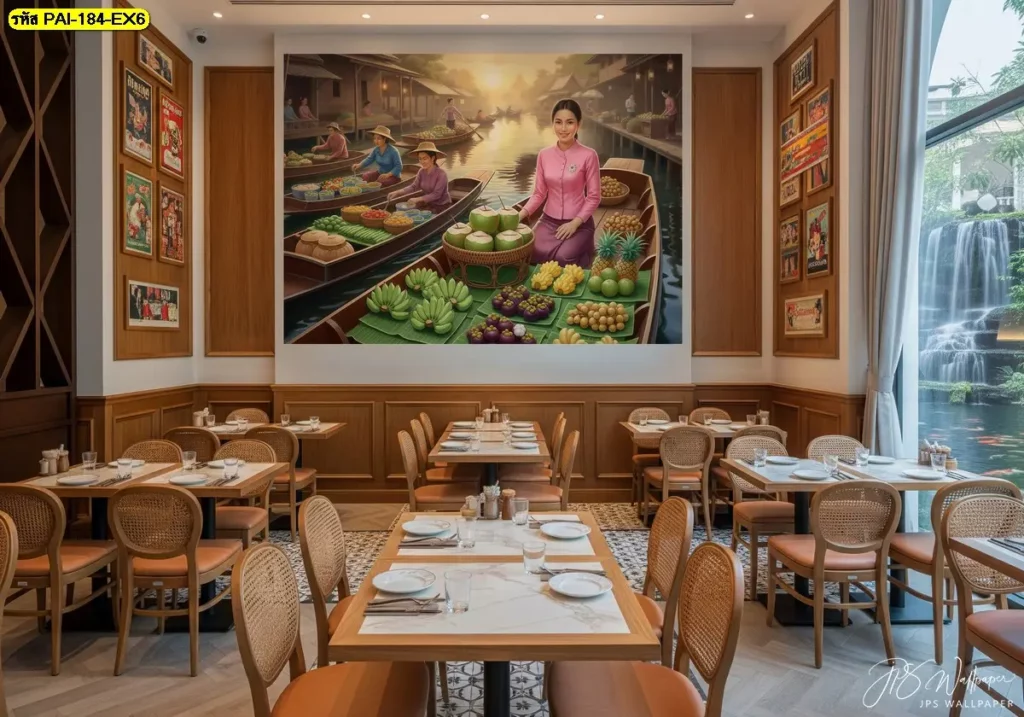 ภาพติดผนังแม่ค้าขายผลไม้ร้านอาหาร คาเฟ่ ใช้ร่วมกับโต๊ะไม้เรียบง่าย ทำให้ร้านดูสะอาดและมีเรื่องราวโดยไม่ต้องปรับโครงสร้างมาก