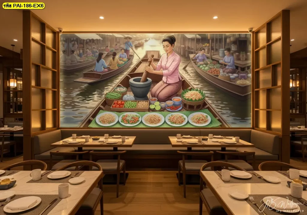 วอลเปเปอร์แม่ค้าส้มตำตลาดน้ำแต่งผนังร้านส้มตำ สร้างมุมถ่ายรูปหลักให้ลูกค้าจดจำร้านและแชร์ภาพลงสื่อออนไลน์