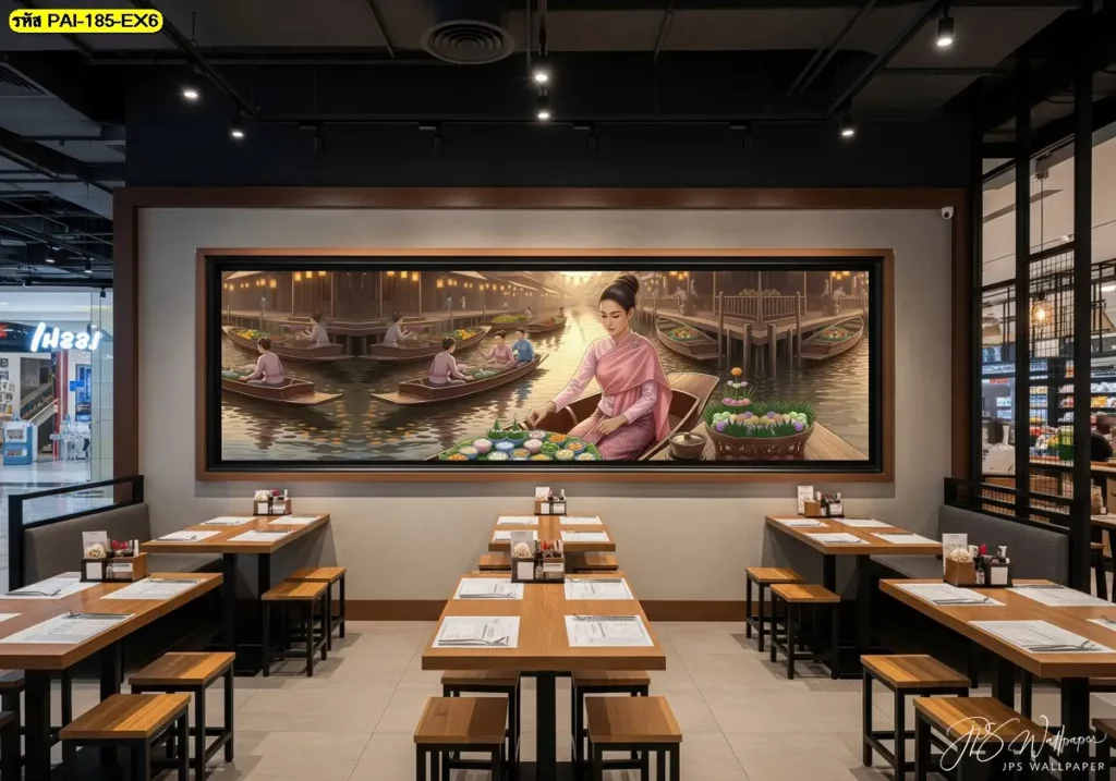 วอลเปเปอร์วิถีไทยแต่งผนังโซนอาหารในห้าง ภาพตลาดน้ำแนวยาวช่วยแบ่งพื้นที่ชัดเจน ทำให้โซนอาหารดูแตกต่างจากส่วนอื่นของศูนย์การค้า