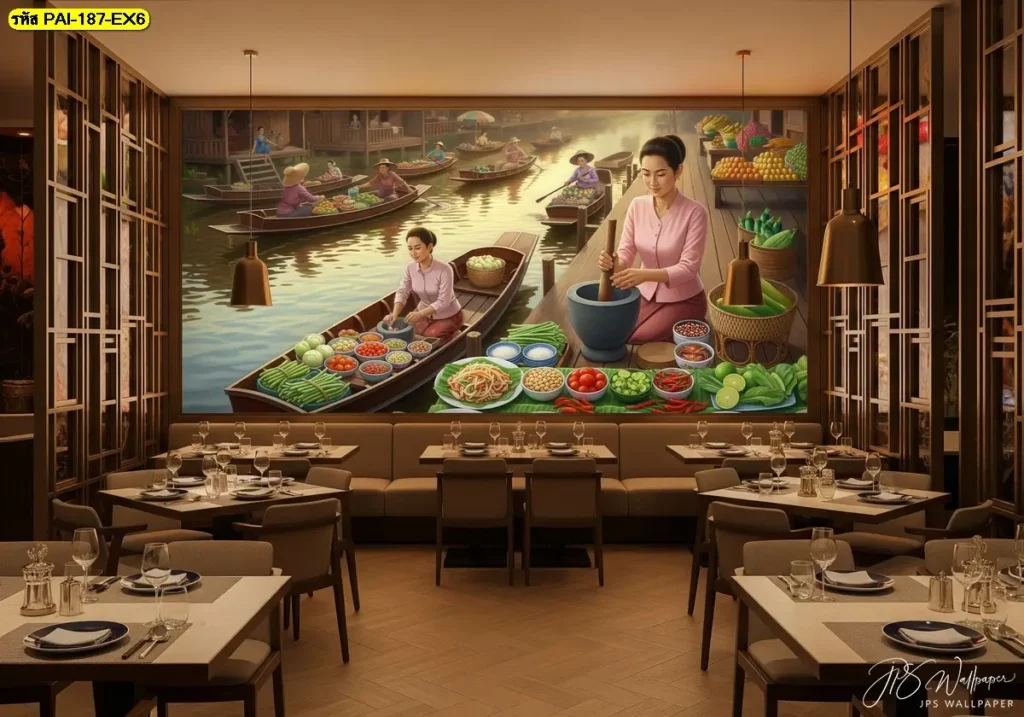 วอลเปเปอร์วิถีไทยแต่งผนังโซนอาหารส้มตำ ใช้โทนสีอบอุ่นของเรือนไม้และน้ำผสมสีสดของส้มตำ ให้บรรยากาศน่านั่งในมุมรับประทานอาหาร