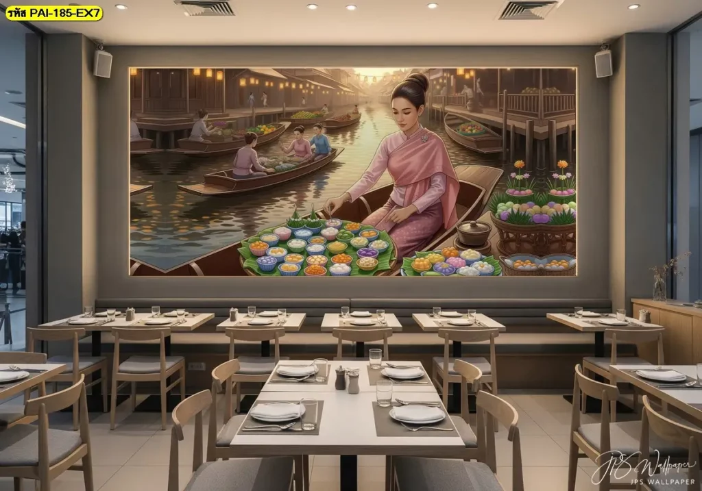 ภาพวาดตลาดน้ำแต่งผนังห้องอาหารโรงแรม ผสมแสงไฟโทนอุ่นและเฟอร์นิเจอร์ไม้ ช่วยให้ห้องอาหารไทยดูหรูและอบอุ่นสำหรับทั้งแขกไทยและต่างชาติ