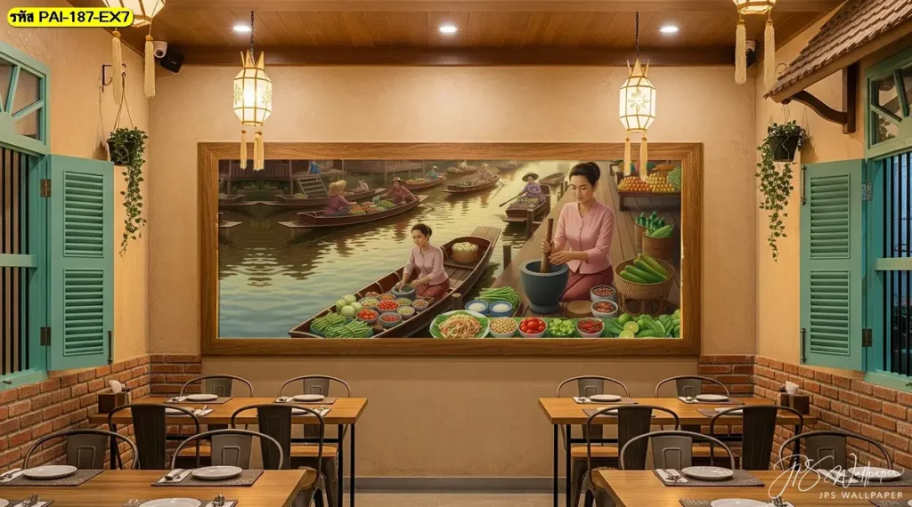 วอลเปเปอร์ตลาดน้ำแต่งผนังร้านส้มตำในห้าง ใช้ภาพแม่ค้าตำส้มตำกลางเรือเป็นจุดโฟกัส ลดการใช้ป้ายข้อความหลายแผ่นหน้าร้าน
