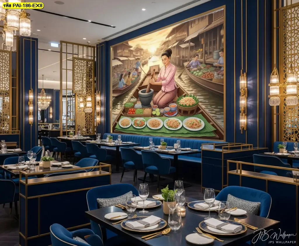 วอลเปเปอร์วิถีไทยแต่งผนังโซนอาหารส้มตำ แสดงเรือขายผักและส้มตำหลายจาน สื่อบรรยากาศตลาดน้ำไทยแบบอบอุ่น
