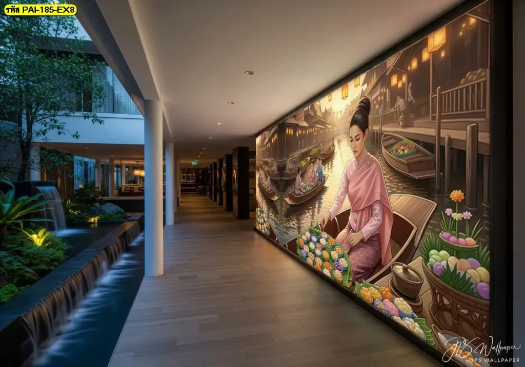 วอลเปเปอร์วิถีไทยแต่งผนังทางเดิน ใช้ภาพตลาดน้ำโทนอุ่นเป็นจุดโฟกัส ช่วยประหยัดงบตกแต่งอื่นและทำให้ร้านไทยในห้างดูโดดเด่น
