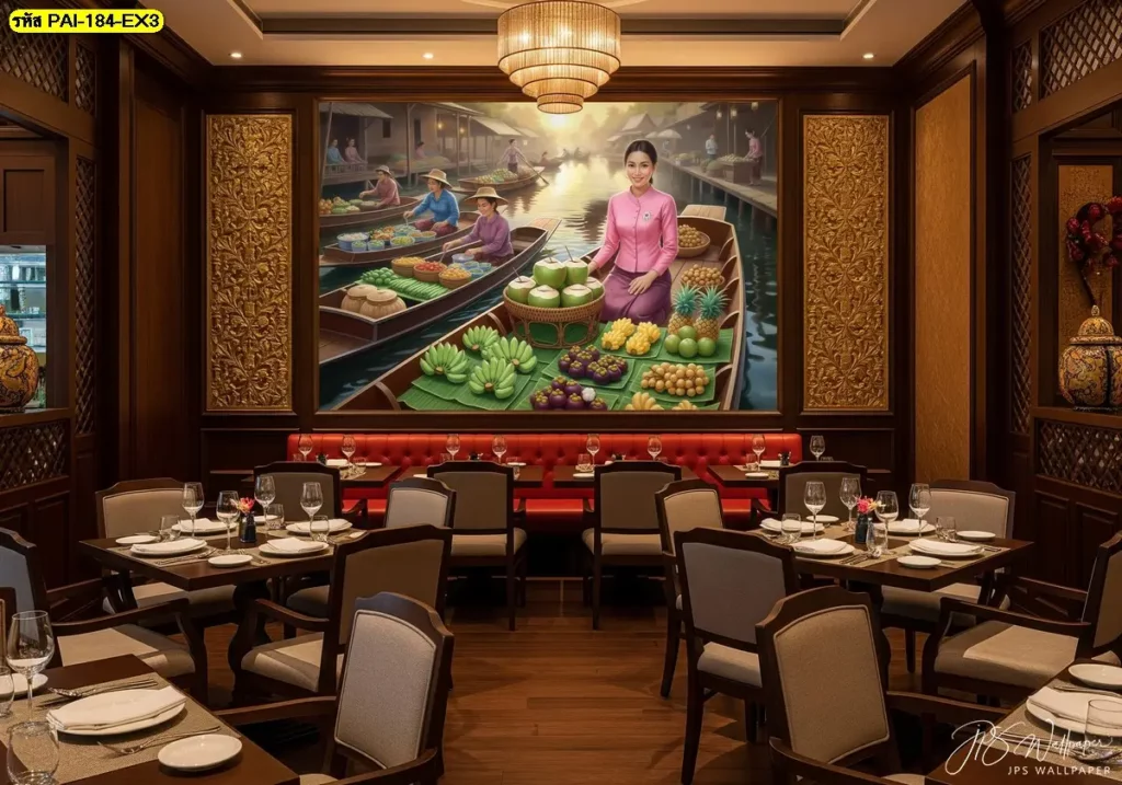 ภาพวาดตลาดน้ำแต่งผนังร้านอาหาร ใช้ปิดผนังที่มีรอยต่อและสีด่าง ทำให้ร้านขนาดเล็กมีมุมเด่นสำหรับถ่ายรูปและดึงลูกค้าใหม่