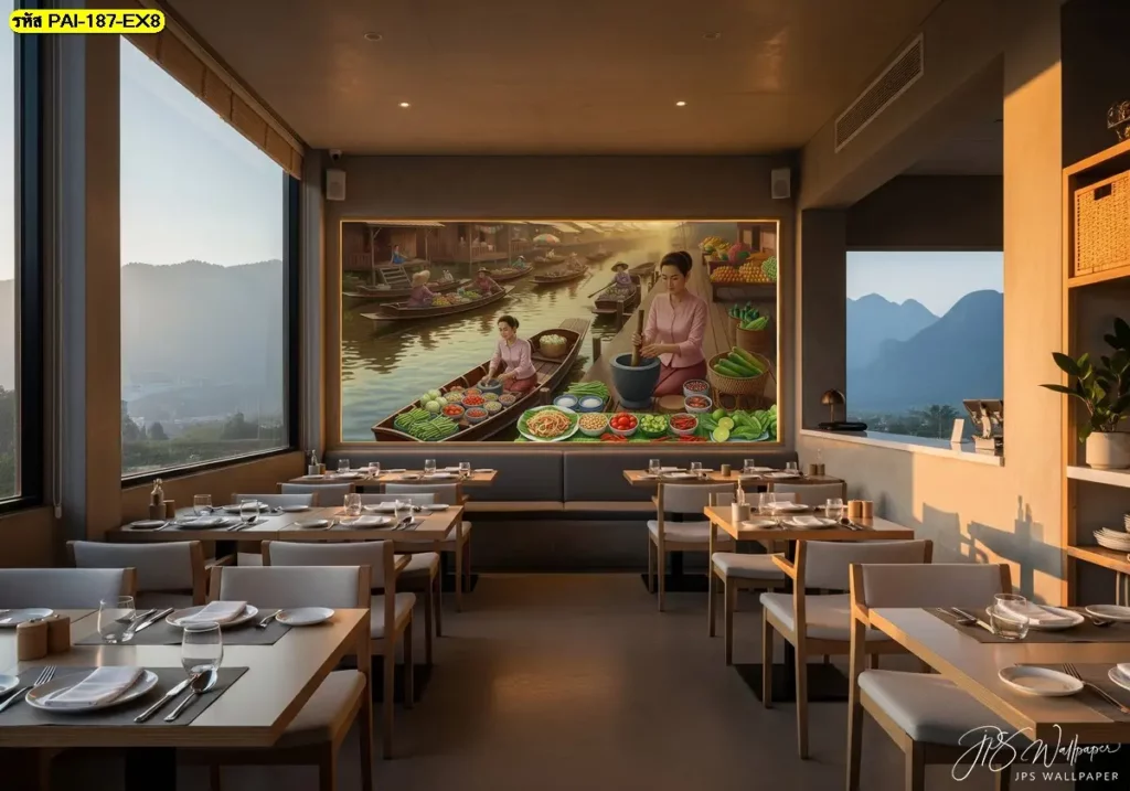 วอลเปเปอร์แม่ค้าส้มตำตลาดน้ำแต่งผนังร้านส้มตำ ช่วยพรางผนังเดิมที่มีรอยต่อหรือสีด่าง ทำให้ร้านเล็กดูสะอาดและมืออาชีพขึ้นทันที
