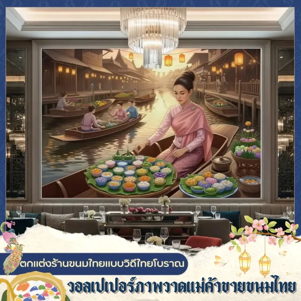 วอลเปเปอร์ตลาดน้ำแต่งผนังร้านอาหารไทย แม่ค้าขายขนมไทยบนเรือ สร้างบรรยากาศวิถีไทยอบอุ่น ดึงดูดลูกค้าในโซนอาหารของห้าง