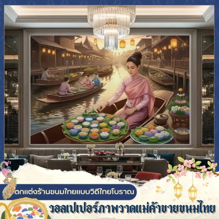 วอลเปเปอร์ตลาดน้ำแต่งผนังร้านอาหารไทย แม่ค้าขายขนมไทยบนเรือ สร้างบรรยากาศวิถีไทยอบอุ่น ดึงดูดลูกค้าในโซนอาหารของห้าง