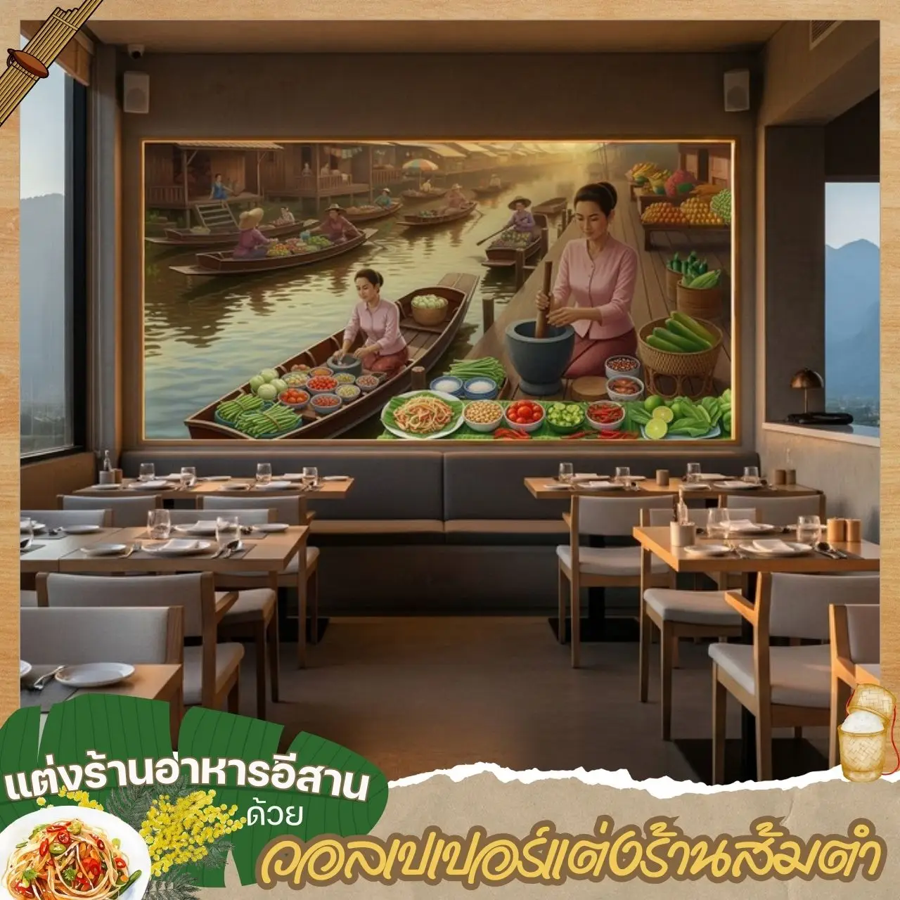 ภาพแต่งร้านอาหารอีสาน ภาพแม่ค้าขายส้มตำติดผนัง วอลเปเปอร์แต่งร้านส้มตำ เติมแต่งเพียงจุดเดียวกลับโดดเด่น