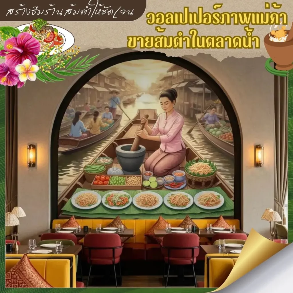 วอลเปเปอร์วิถีไทยแต่งผนังโซนอาหารส้มตำ ช่วยให้ผู้มาใช้บริการมองเห็นชัดว่าโซนนี้เน้นเมนูส้มตำและอาหารอีสานแม้อยู่ในศูนย์การค้าขนาดใหญ่