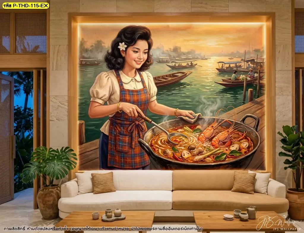 วอลเปเปอร์ต้มยำกุ้งสำหรับแต่งร้านอาหารไทยและร้านซีฟู้ด เลือกภาพอาหารเป็นจุดนำสายตาบริเวณโต๊ะหลัก ผลิตตามขนาดพื้นที่จริงโดย DDS Decor