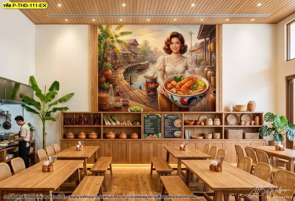 วอลเปเปอร์ร้านอาหารไทยโบราณสำหรับตกแต่งผนังด้วยภาพต้มยำกุ้ง เลือกโทนสีให้เข้ากับไม้และเฟอร์นิเจอร์ภายในร้าน ผลิตโดย DDS Decor