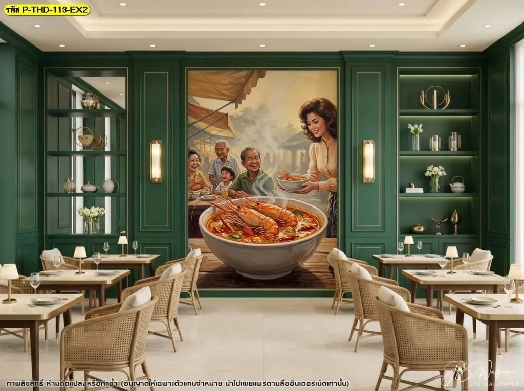 DDS Decor รับผลิตวอลเปเปอร์ต้มยำกุ้งสำหรับร้านอาหารไทย โดยสามารถจัดสัดส่วนภาพให้สัมพันธ์กับระแนงไม้ เคาน์เตอร์ และเฟอร์นิเจอร์เดิม