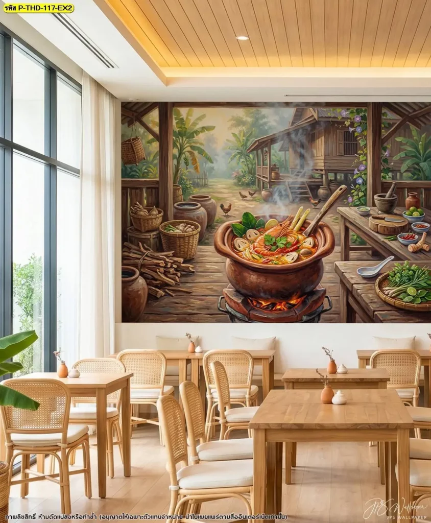 ภาพตกแต่งร้านอาหารไทยต้มยำกุ้ง ใช้ภาพอาหารขนาดใหญ่เป็นจุดนำสายตา เหมาะสำหรับร้านไทยดั้งเดิมที่ต้องการเพิ่มบรรยากาศโดยไม่ต้องติดของตกแต่งหลายชิ้น