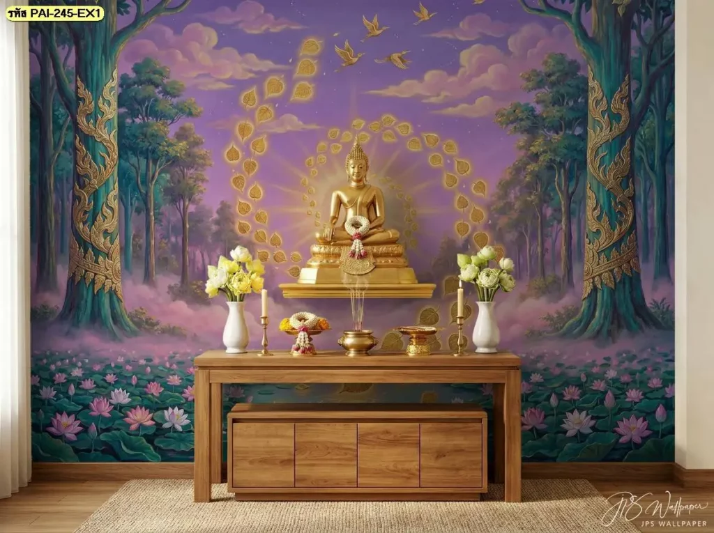 รูปภาพใบโพธิ์ตกแต่งห้องพระสำหรับพื้นที่ขนาดเล็ก เน้นลวดลายใบโพธิ์ที่ดูสะอาดและเข้ากับบ้านสมัยใหม่ พร้อมบริการผลิตจาก DDS Decor