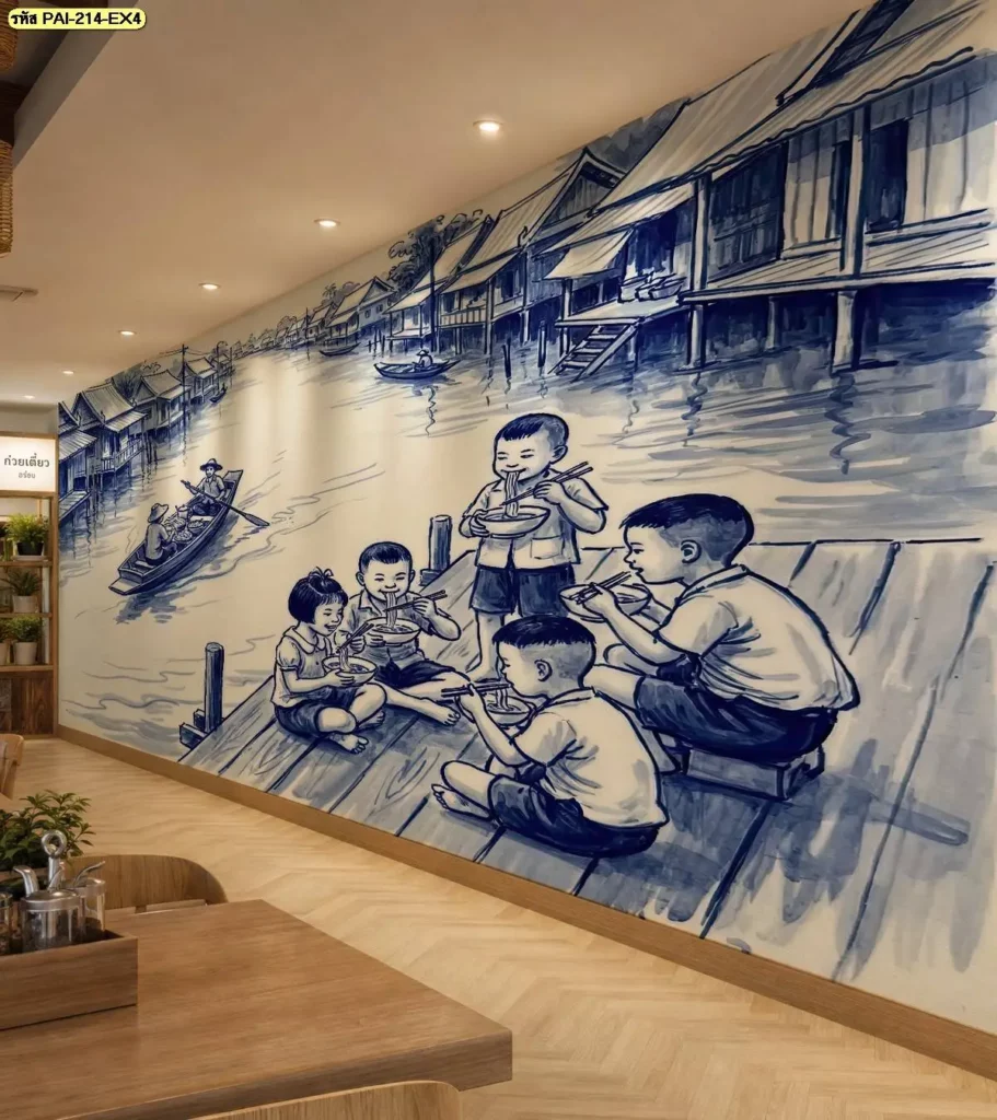 วอลเปเปอร์ชุมชนตลาดน้ำโบราณ แสดงบรรยากาศการค้าขายและชุมชนริมน้ำ เหมาะสำหรับรับผลิตวอลเปเปอร์ที่ต้องการนำภาพตลาดไทยมาใช้เป็นจุดเด่นในร้านอาหาร