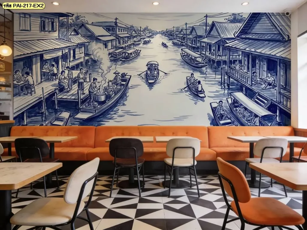 ภาพติดผนังชุมชนริมน้ำไทย ถ่ายทอดบรรยากาศเรือพายและร้านค้าริมน้ำ เหมาะกับร้านขายวอลเปเปอร์ที่ต้องการสร้างจุดเด่นให้ผนังร้านอาหารไทย