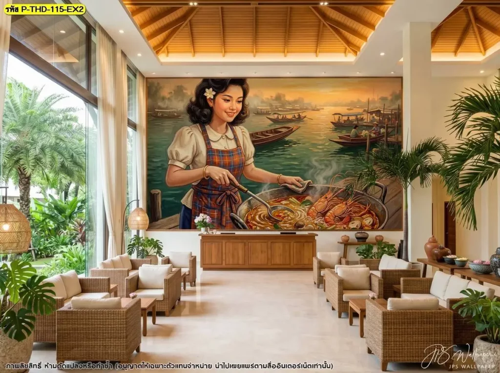 วอลเปเปอร์ร้านอาหารไทยลายต้มยำกุ้งสำหรับผนังขนาดใหญ่ ใช้ภาพอาหารสีสันชัดเจนให้เข้ากับบรรยากาศร้าน พร้อมบริการผลิตและติดตั้งจาก DDS Decor