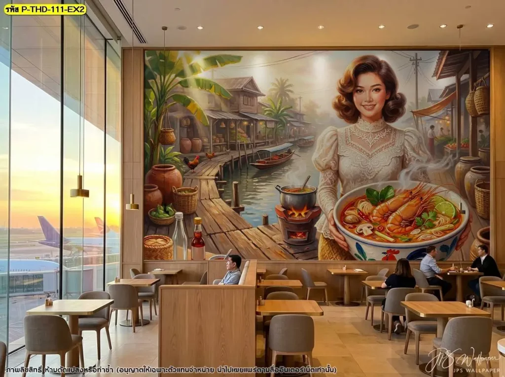 วอลเปเปอร์ลายต้มยำกุ้งสำหรับแต่งผนังร้านอาหารไทยสไตล์ดั้งเดิม เลือกภาพอาหารที่มีองค์ประกอบชัดเจนและมองเห็นได้จากระยะไกลโดย DDS Decor