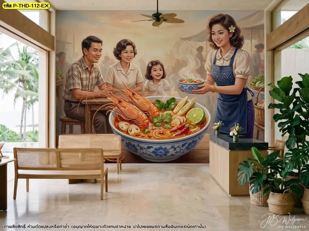 ตกแต่งร้านอาหารไทยโบราณด้วยภาพต้มยำกุ้งแม่น้ำขนาดใหญ่ ใช้กุ้งและสมุนไพรเป็นจุดเด่นเพื่อสร้างบรรยากาศที่อบอุ่นและเป็นกันเอง