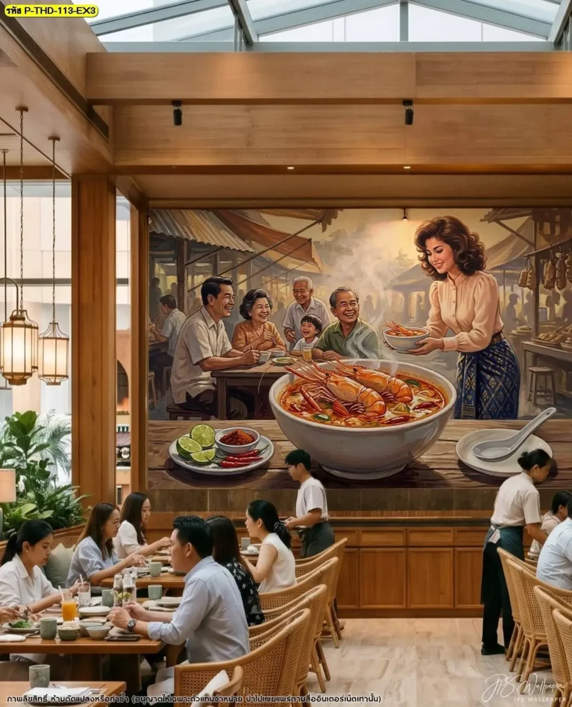 ตกแต่งร้านอาหารไทยดั้งเดิมด้วยภาพต้มยำกุ้งแม่น้ำและเครื่องสมุนไพร ใช้โทนสีอาหารเชื่อมกับสีน้ำตาลของไม้เพื่อสร้างภาพรวมที่กลมกลืน