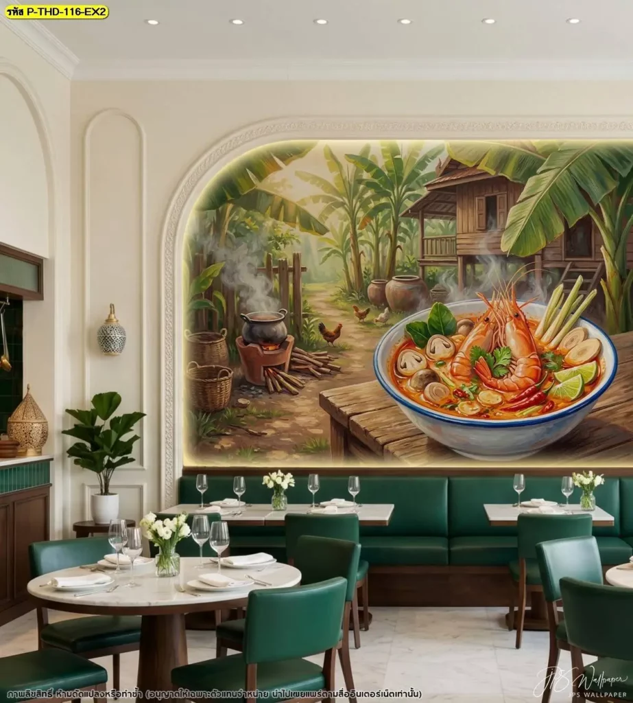 DDS Decor รับผลิตภาพตกแต่งร้านอาหารไทยตามพื้นที่จริง สามารถจัดตำแหน่งกุ้งแม่น้ำและหม้อต้มยำให้สัมพันธ์กับเฟอร์นิเจอร์ภายในร้าน