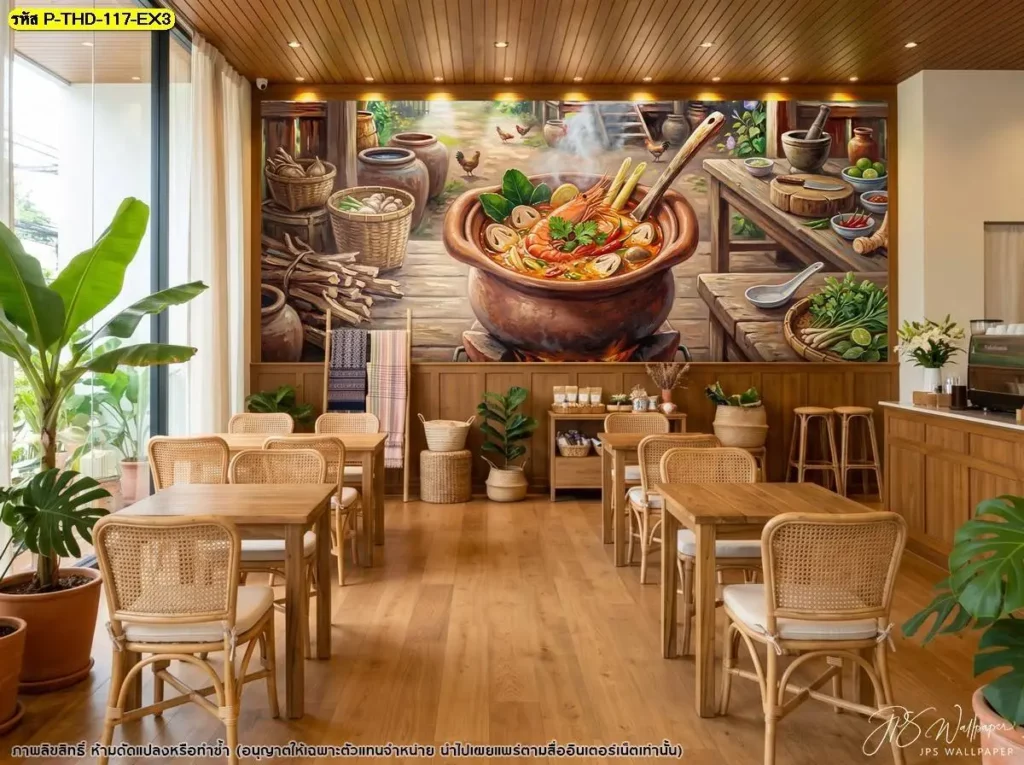 DDS Decor ผลิตวอลเปเปอร์ต้มยำกุ้งตามขนาดผนังจริง สามารถปรับตำแหน่งกุ้งและองค์ประกอบอาหารให้เหมาะกับพื้นที่ เพื่อให้ภาพยังเห็นรายละเอียดสำคัญหลังติดตั้ง