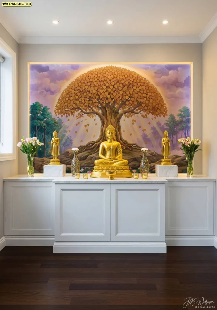 Golden Bodhi Tree Wallpaper ลายต้นโพธิ์สำหรับงานตกแต่งผนังสไตล์พุทธศิลป์ สามารถปรับขนาดภาพให้เหมาะกับพื้นที่ติดตั้งจริง