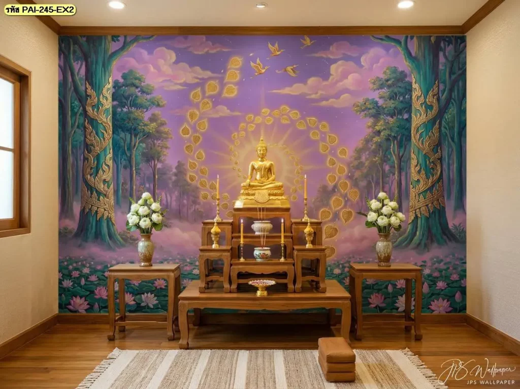 วอลเปเปอร์ใบโพธิ์สีทองสำหรับแต่งมุมพระในบ้านขนาดเล็ก เลือกโทนสีทองนวลให้เข้ากับไม้ สีขาว และสีครีม พร้อมรับผลิตโดย DDS Decor